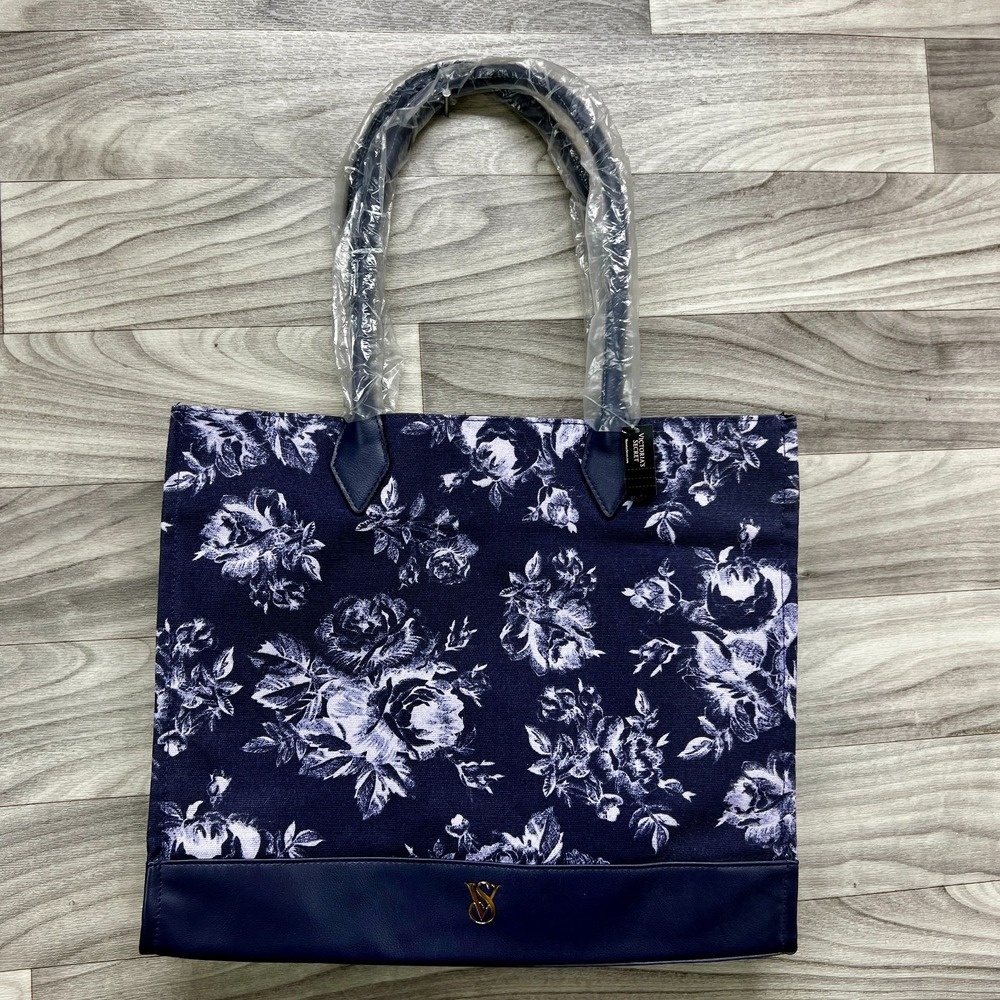 Victoria's Secret Tote Shoulder Bag Women's Blue White Floral Travel Office Work